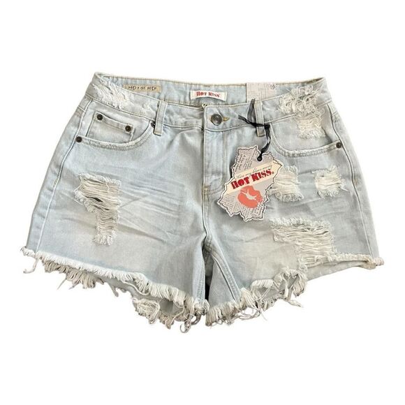 Hot Kiss Mid Rise Midi Ripped Distressed Stone Washed Denim Shorts SZ 10 BNWT - Picture 1 of 10
